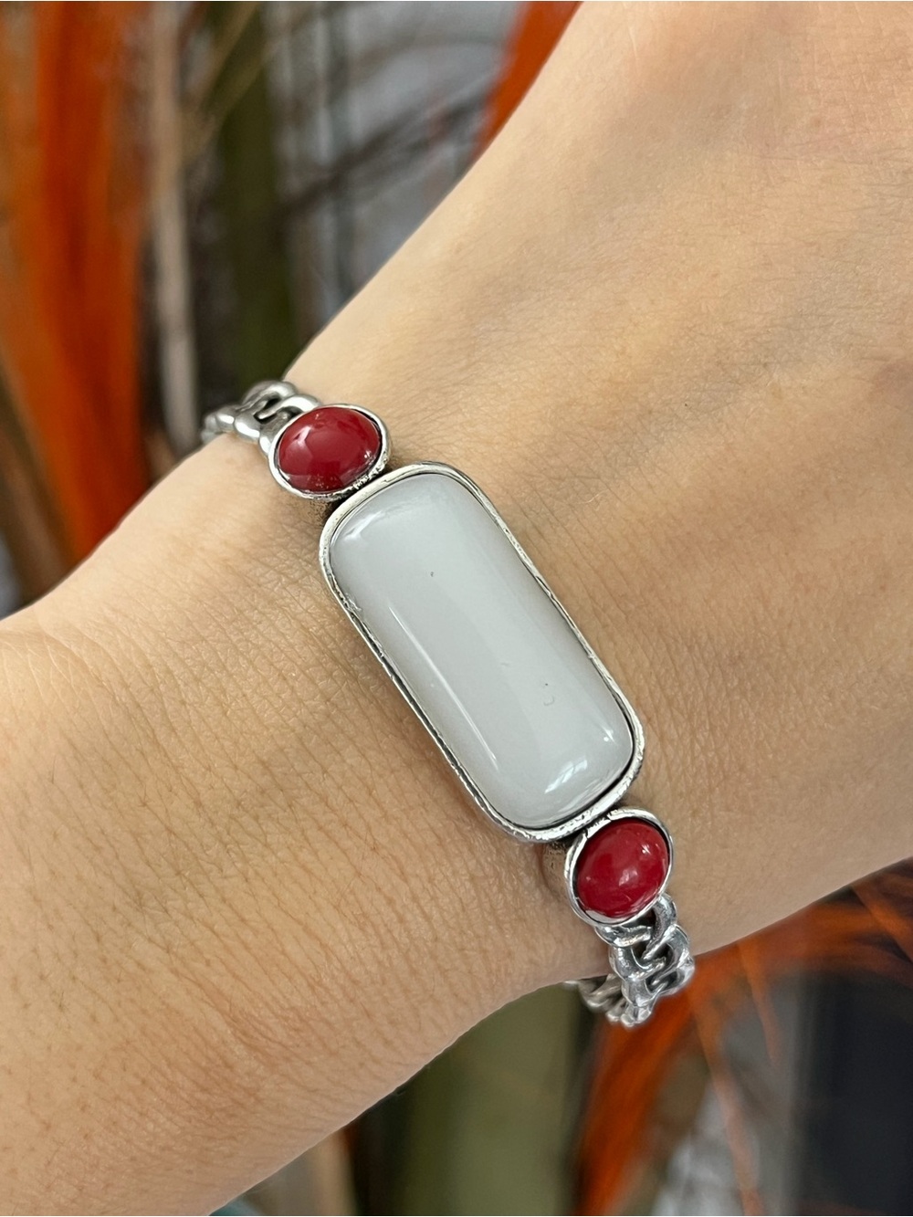S925 silver large white rectangle jade and two small beads cuff bangle bracelet